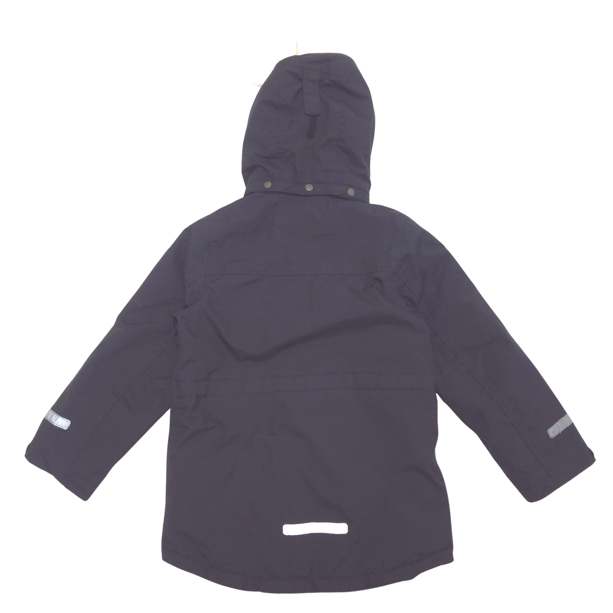 A black hooded jacket shown from the back, featuring reflective silver stripes on the sleeves and a reflective strip near the hem, set against a plain white background.