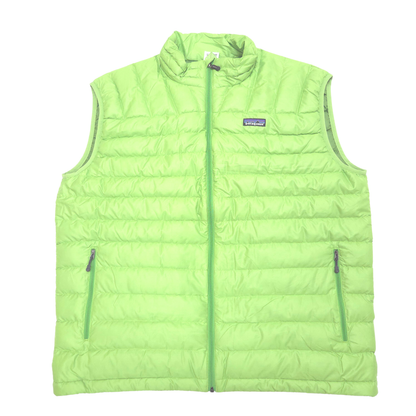 A bright lime green Patagonia puffer vest with a full-zip front, stand-up collar, and zippered hand pockets, shown flat against a white background.