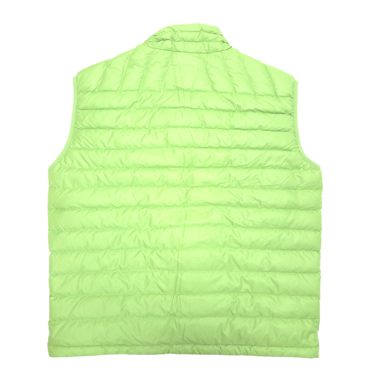 A bright lime green puffer vest shown from the back, featuring horizontal quilted stitching and a high collar, set against a plain white background.