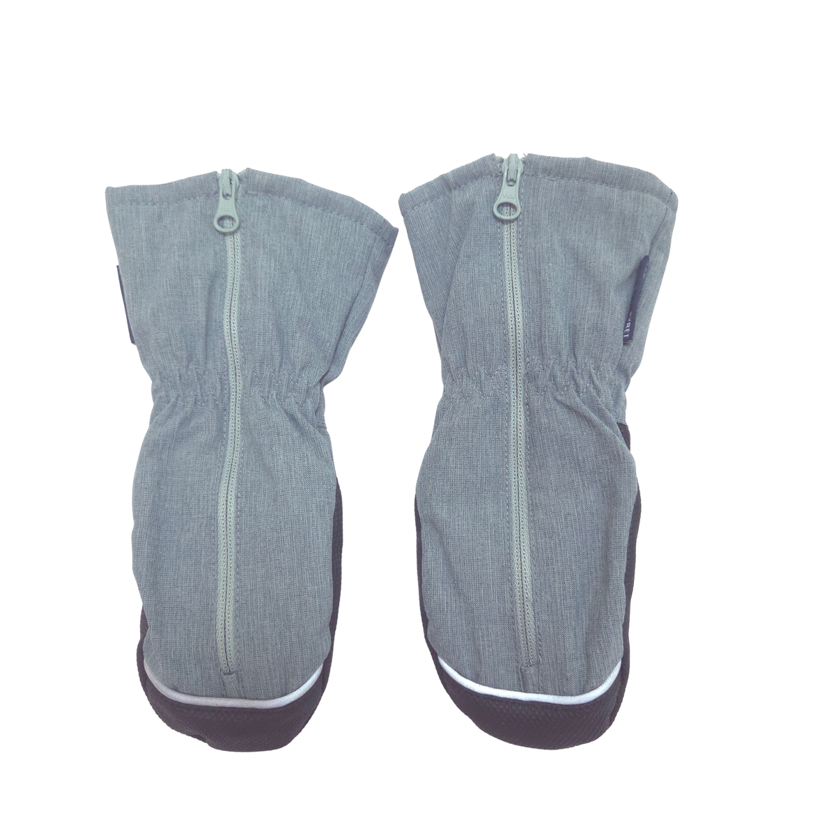 A pair of light gray zippered snow mittens with zipper on front, shown against a plain white background.
