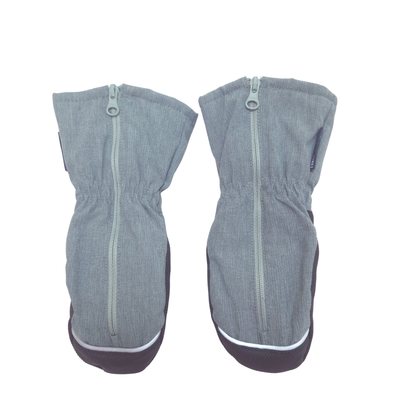 A pair of light gray zippered snow mittens with zipper on front, shown against a plain white background.