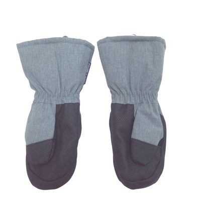 A pair of light gray zippered snow mittens, shown against a plain white background.
