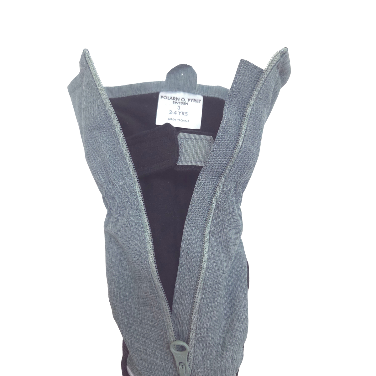 A pair of light gray zippered snow mittens, shown with open zipper and wrist band