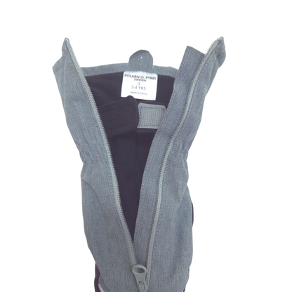 A pair of light gray zippered snow mittens, shown with open zipper and wrist band