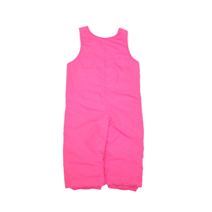Bright pink bib snow pants shown flat against a white background.