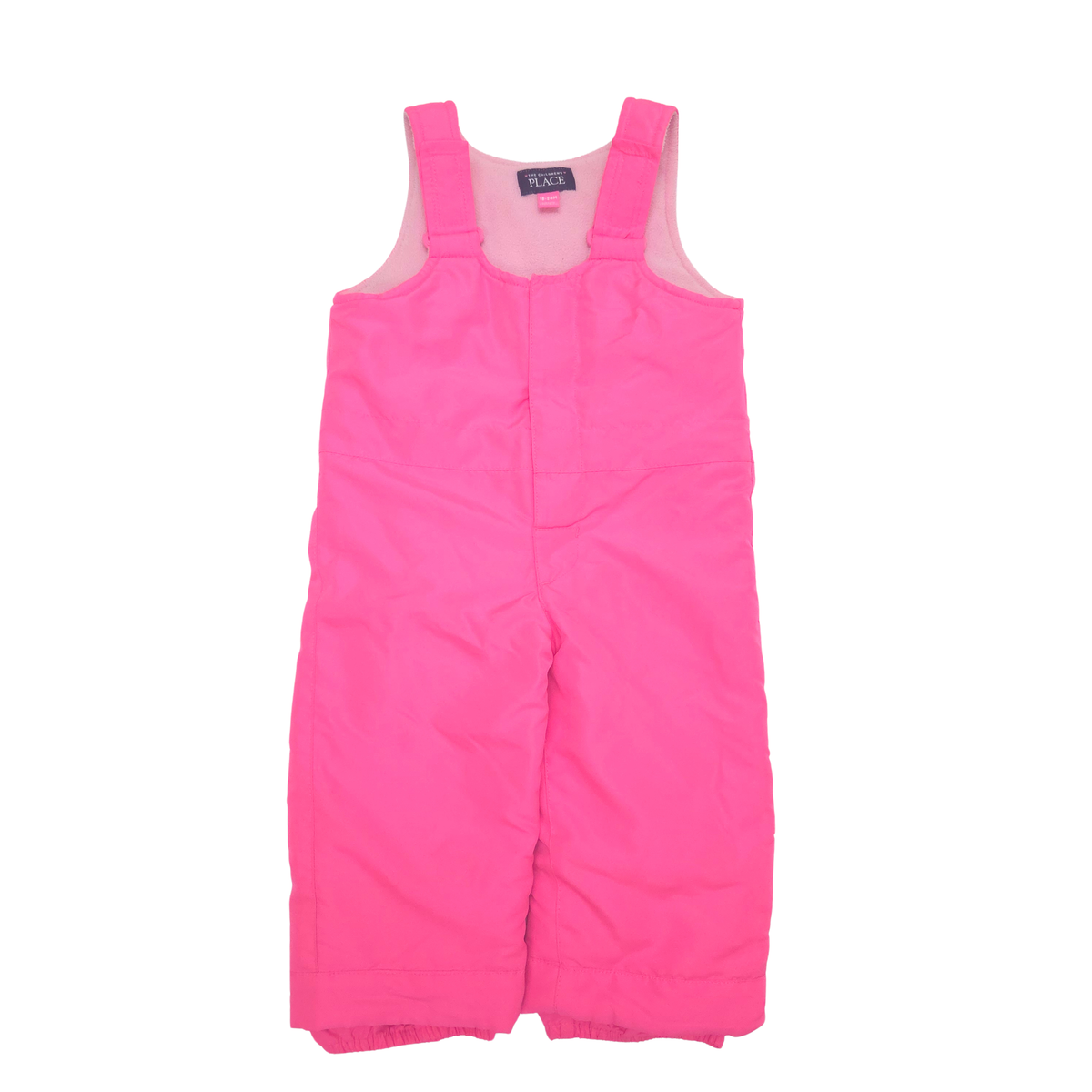 Bright pink baby bib snow pants with shoulder straps and a front closure, laid flat on a white background.