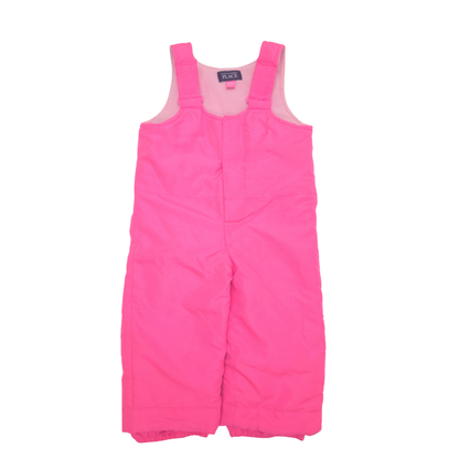 Bright pink baby bib snow pants with shoulder straps and a front closure, laid flat on a white background.