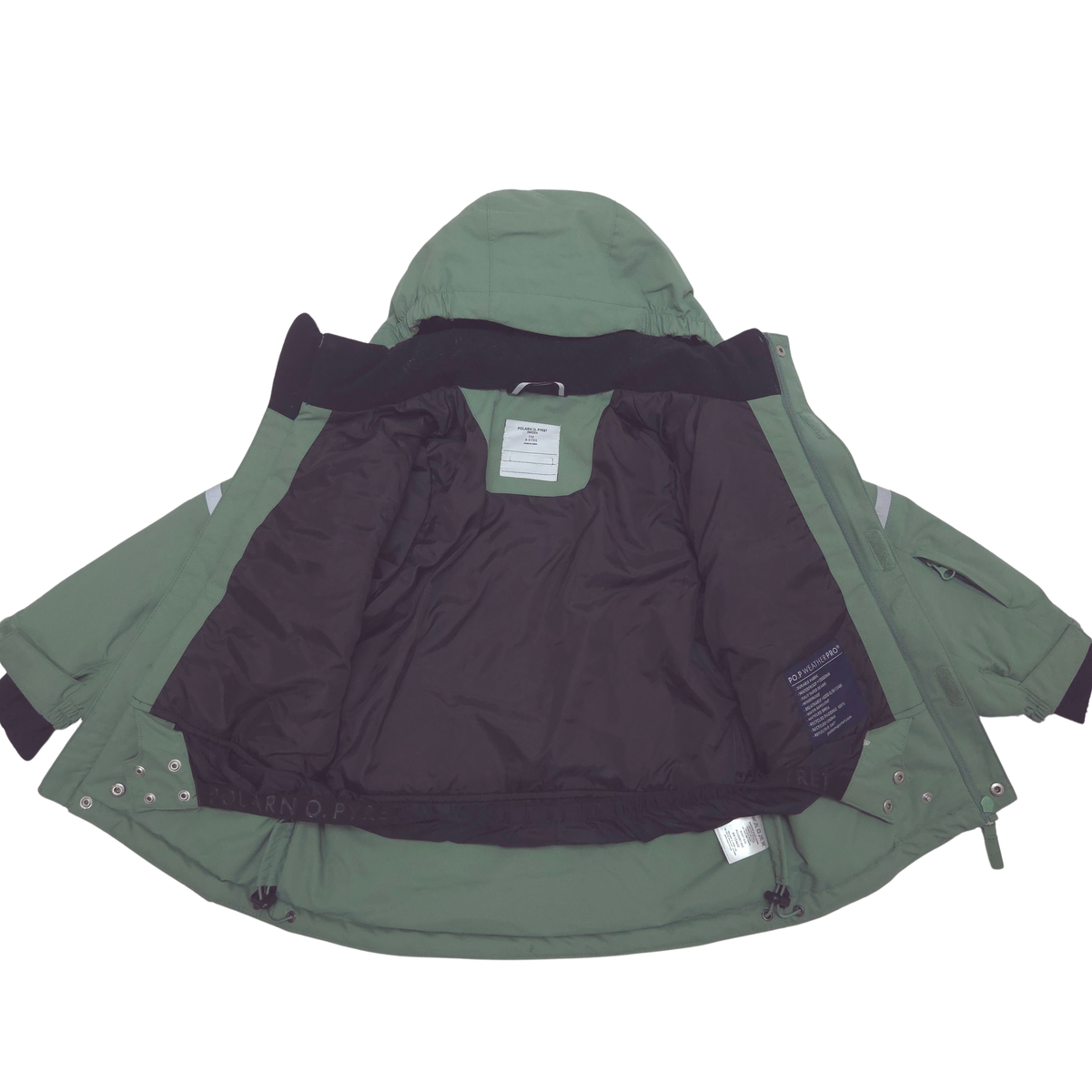 An olive green hooded jacket with black interior lining, shown open against a plain white background. Removable adjustable powderskirt
