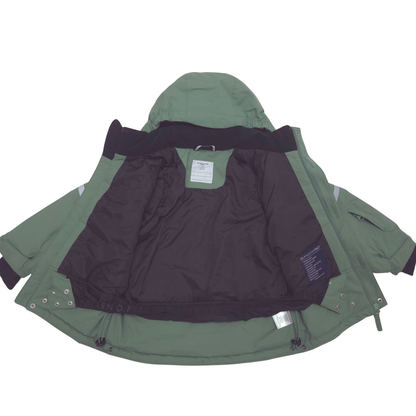 An olive green hooded jacket with black interior lining, shown open against a plain white background. Removable adjustable powderskirt
