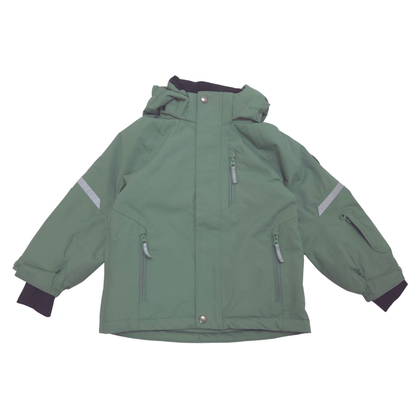 An olive green hooded ski jacket with silver reflective stripes on the sleeves, zippered pockets, shown flat on a white background.