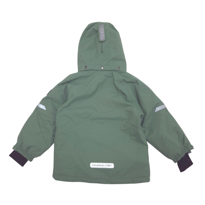 An olive green hooded ski jacket shown from the back, featuring reflective silver stripes on the sleeves and a white brand label near the hem.