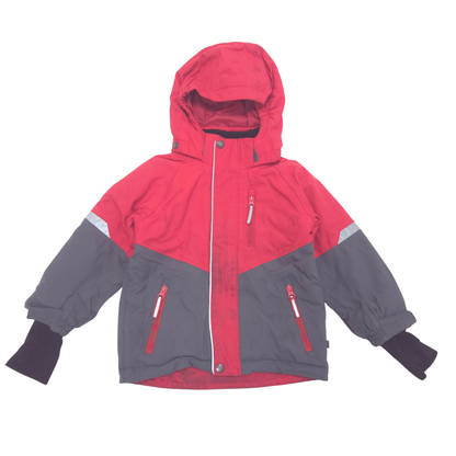 A kids' hooded snow jacket in red and gray, featuring reflective silver stripes on the upper sleeves, zippered pockets, and black cuffs, laid flat against a white background.