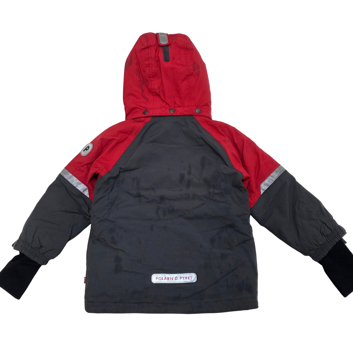 A children's hooded jacket shown flat against a white background, featuring a red hood and upper chest with dark gray sleeves and lower body, plus reflective silver stripes on the upper arms.