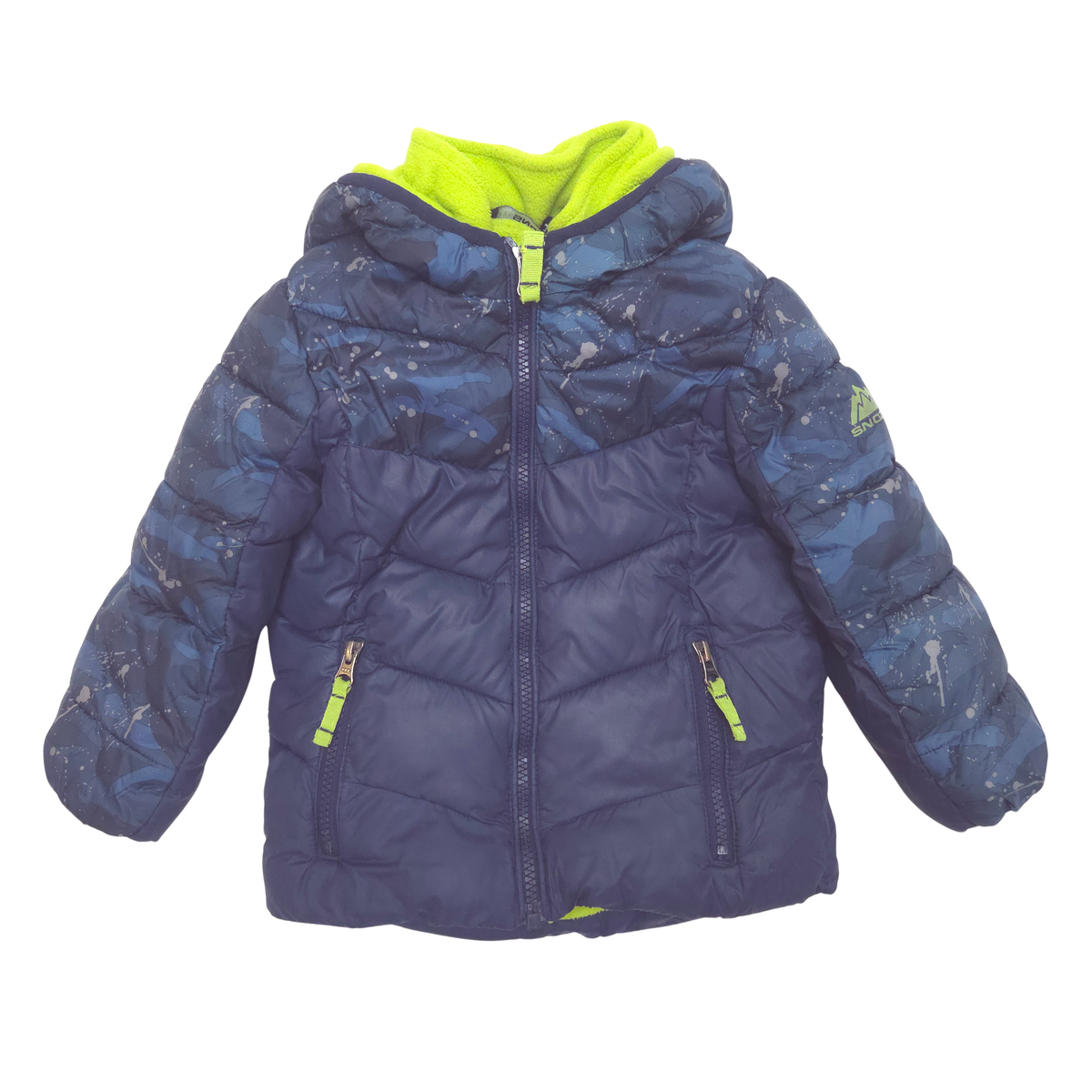 A navy blue hooded puffer jacket with a blue splatter print on the sleeves and hood, featuring a bright neon yellow-green hood lining, zipper pulls, and a small logo on the left sleeve.