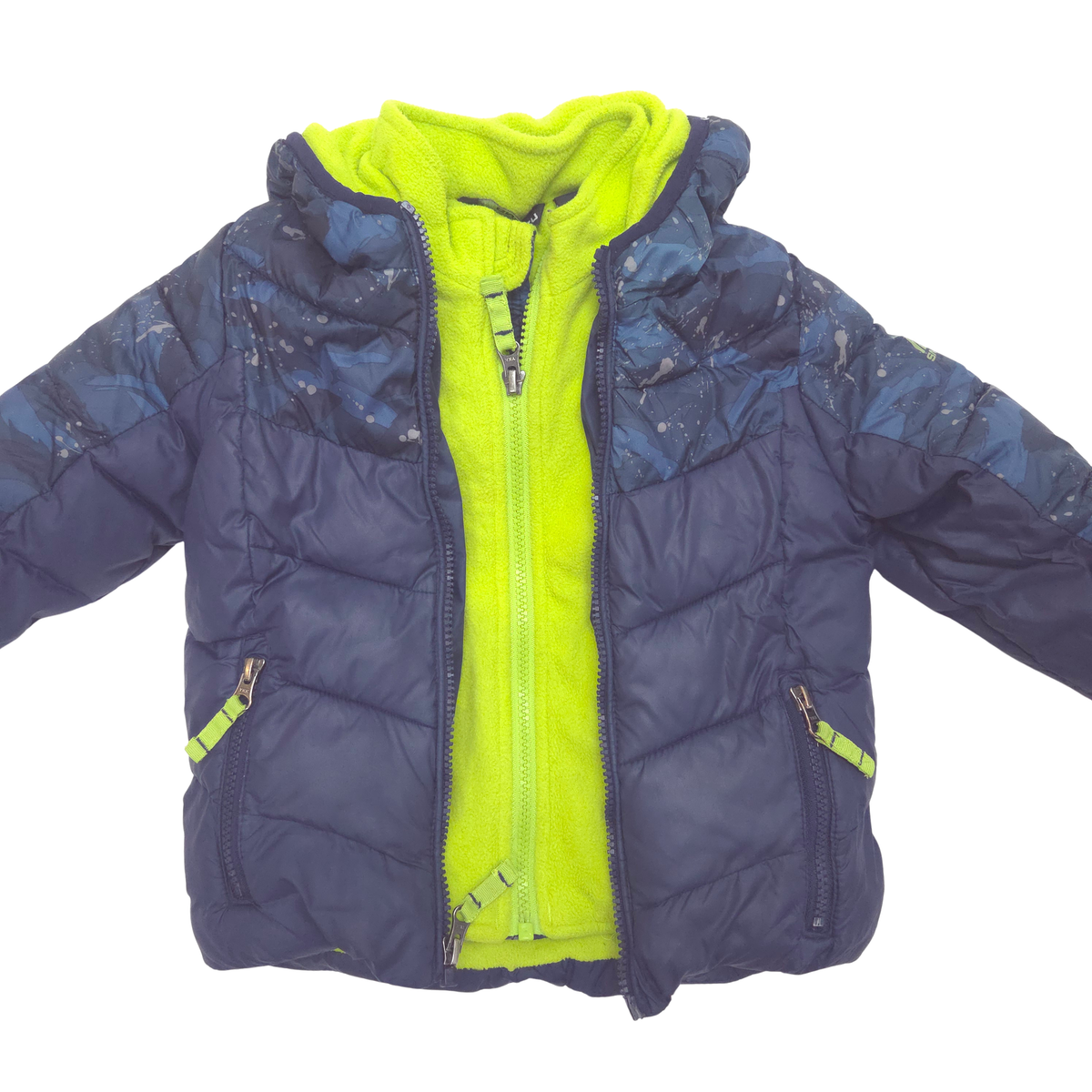 A children's hooded puffer jacket with a navy blue quilted exterior, dark blue patterned shoulder panels, and a bright neon yellow fleece interior and zipper pulls, shown against a plain white background.