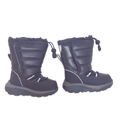 A pair of dark navy blue toddler winter boots with quilted side panels, laces, and thick treaded soles, shown against a plain white background.