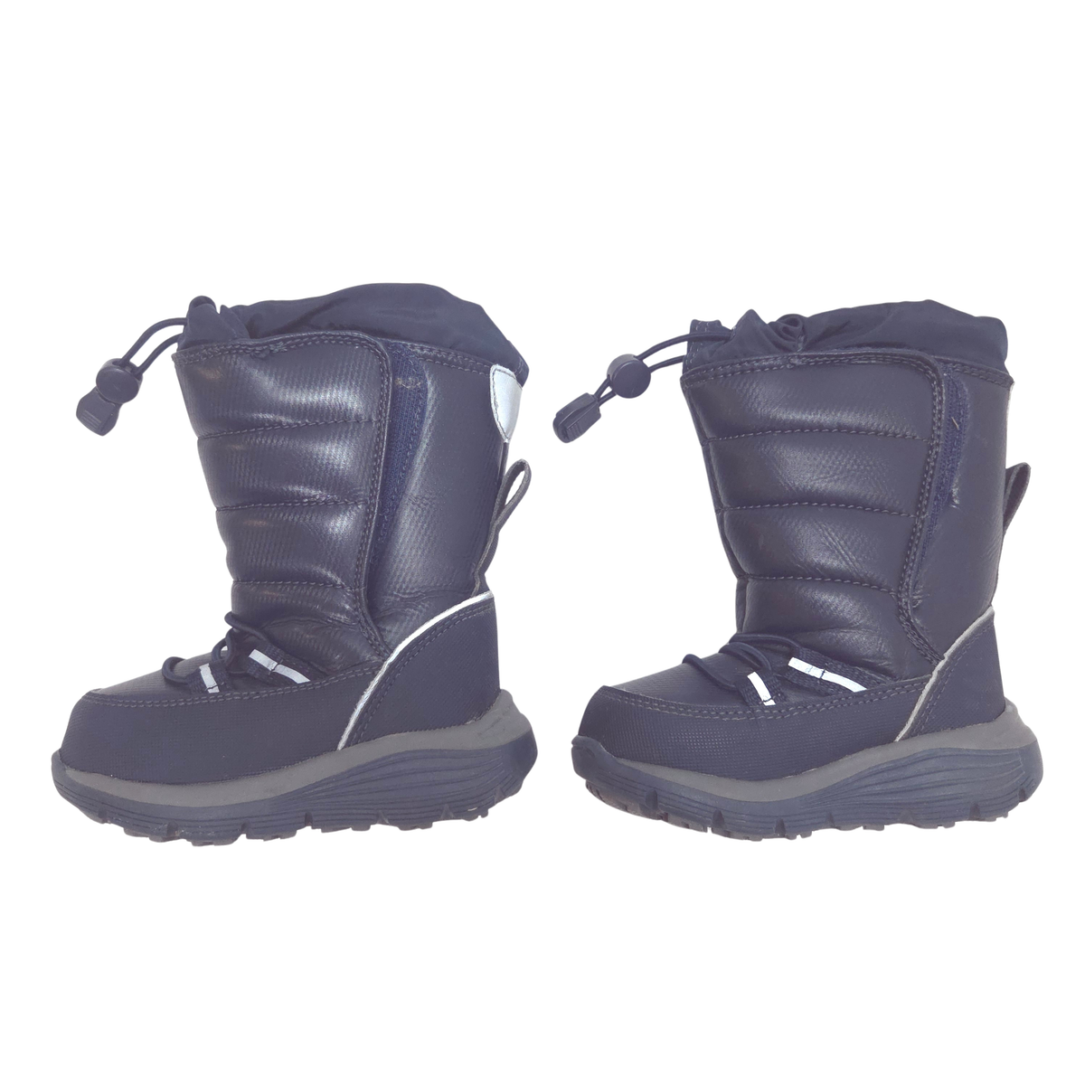 A pair of dark navy blue toddler winter snow boots with gray soles and white piping details, shown from the side against a plain white background.