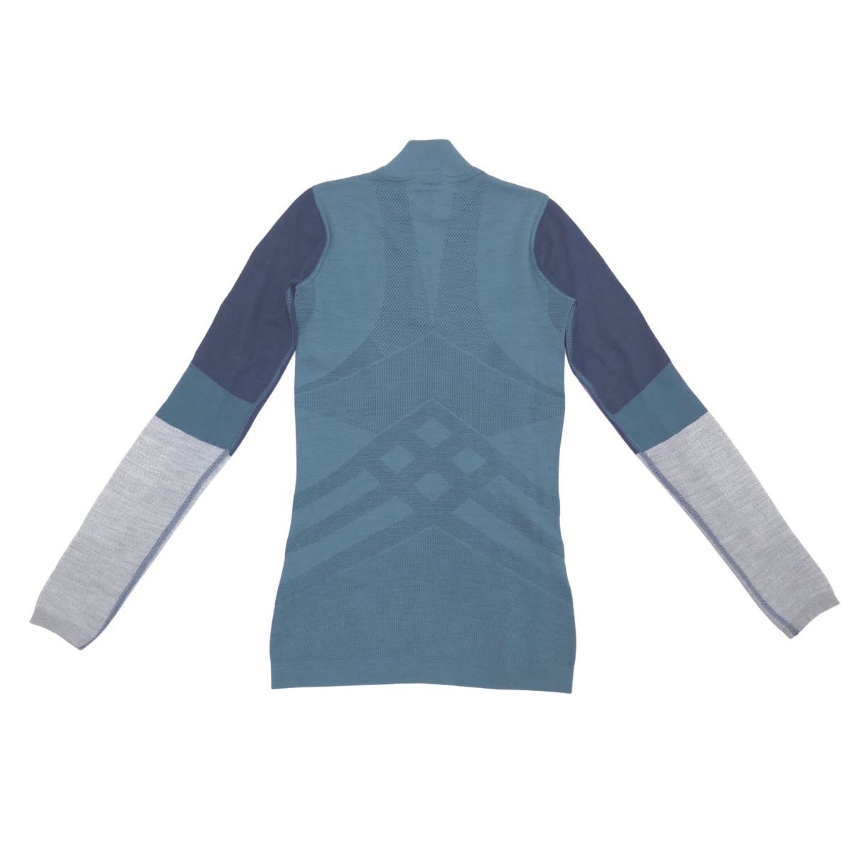 A women's long-sleeve athletic top shown from the back, featuring a high mock neck, a textured geometric diamond pattern in slate blue on the back, and color-blocked sleeves in navy and light gray.