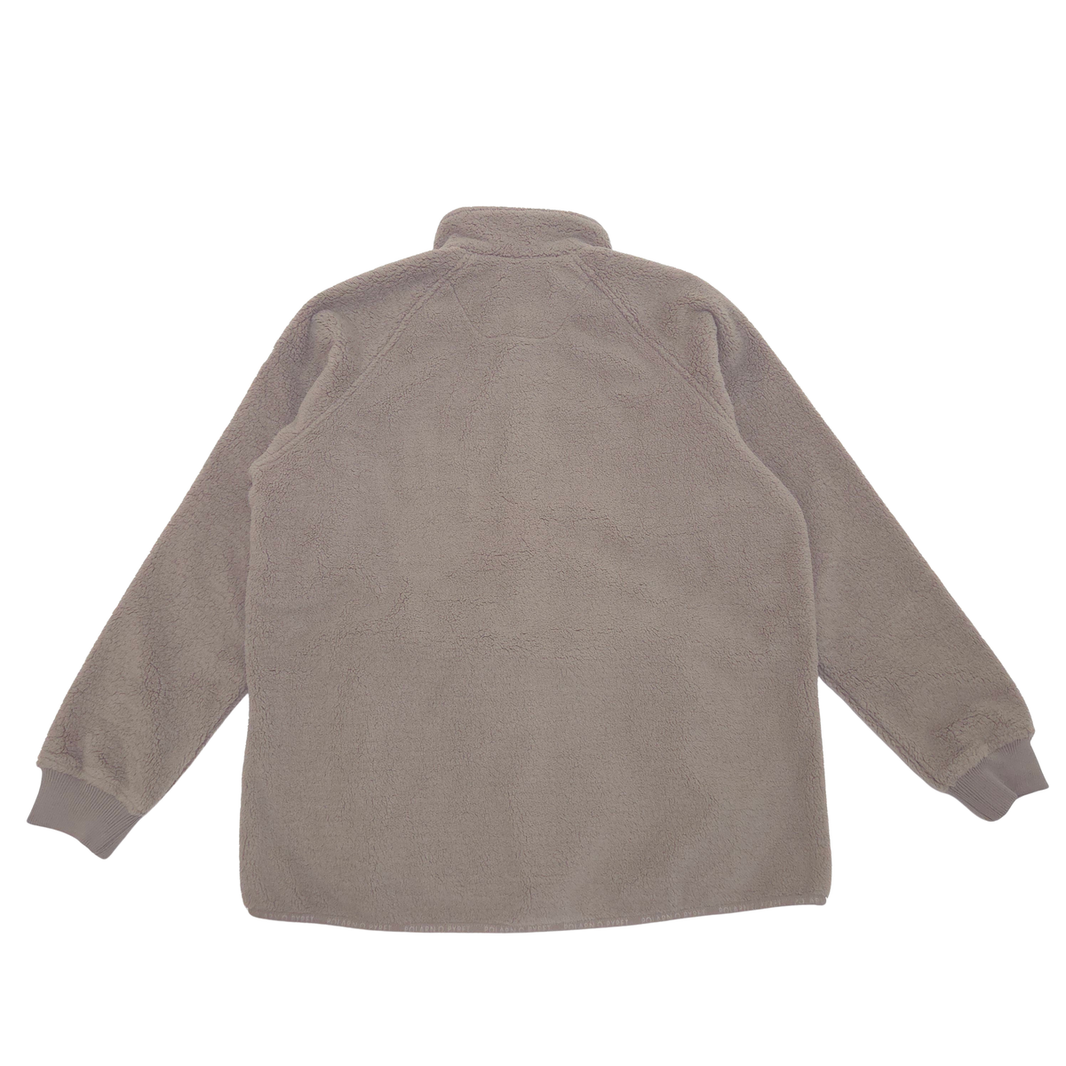 A taupe fleece pullover jacket shown from the back, featuring a high collar and ribbed cuffs, laid flat against a white background.