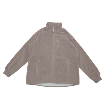 A taupe fleece zip-up jacket with a stand-up collar, zippered chest pocket, and ribbed cuffs, laid flat against a white background.
