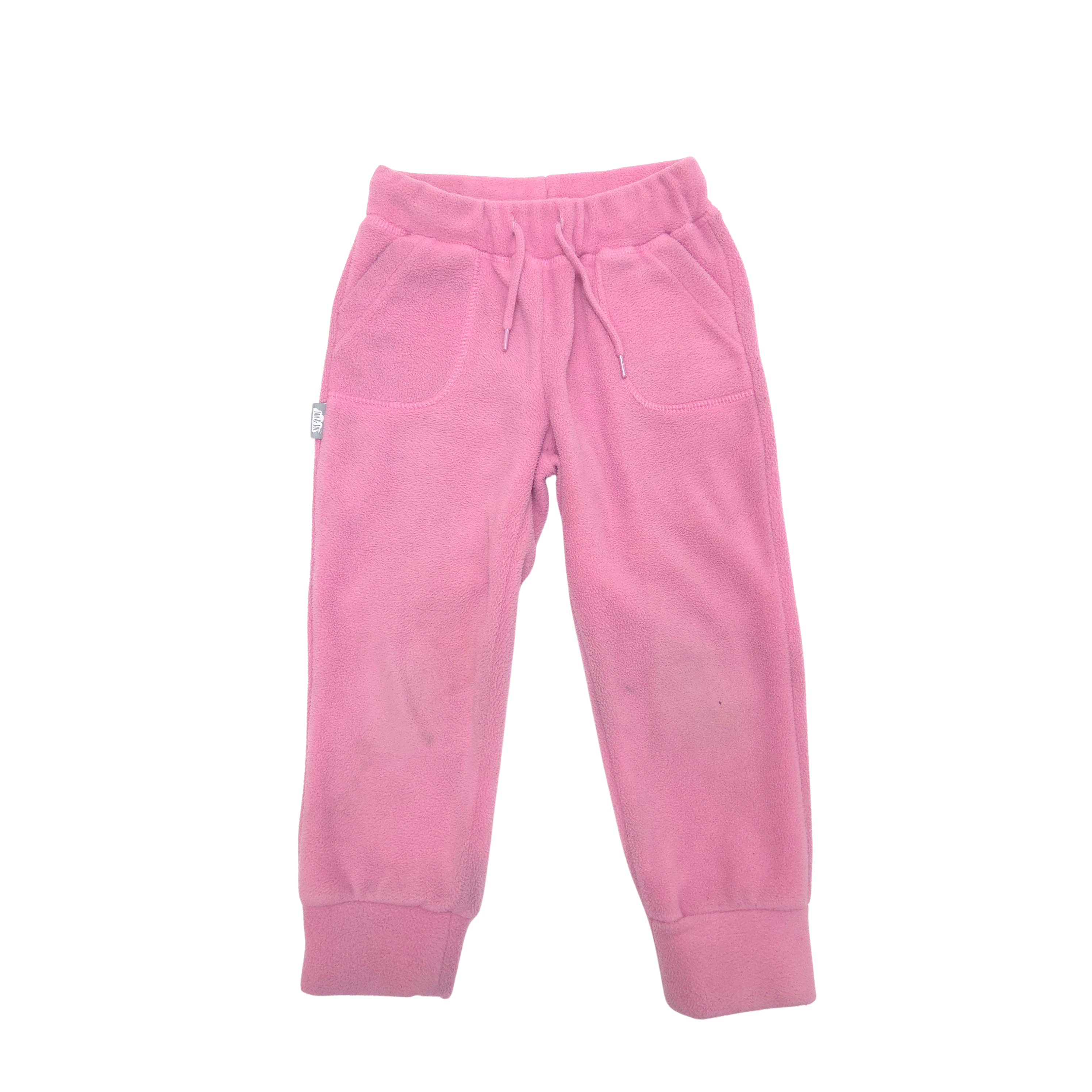 Pink fleece jogger pants with an elastic drawstring waist and ribbed ankle cuffs, with two sides pockets shown flat on a white background.