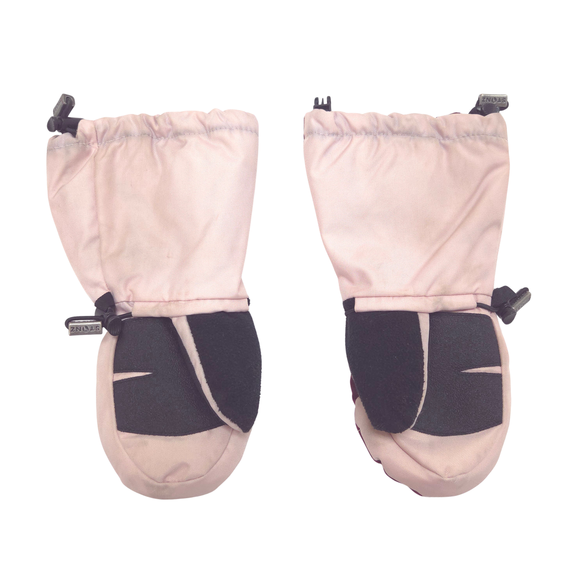 A pair of light pink and black winter mittens shown flat against a white background.