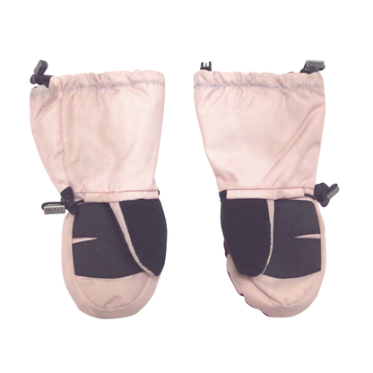 A pair of light pink and black winter mittens shown flat against a white background.