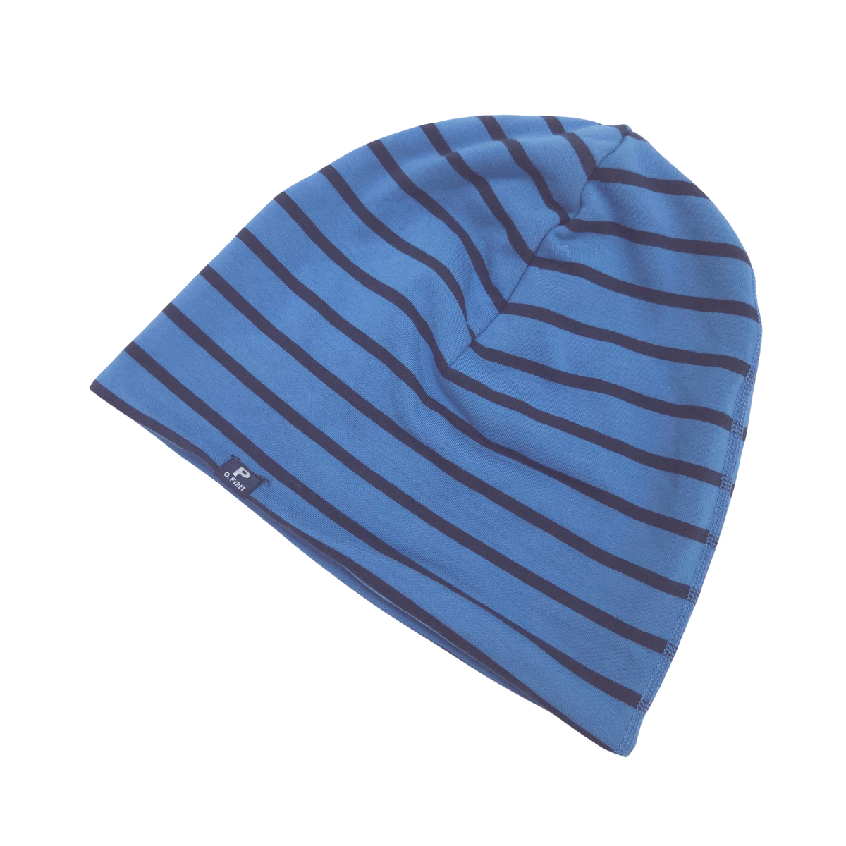 A blue knit beanie hat with dark navy horizontal stripes, shown on a plain white background.
