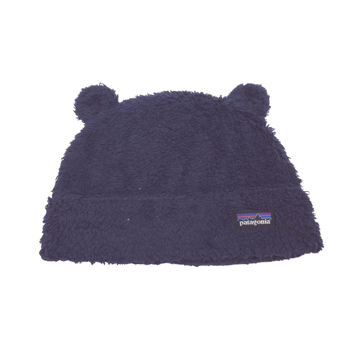 A dark navy blue Patagonia fleece beanie hat with small bear ears on top and the signature Patagonia logo patch on the front, shown against a plain white background.