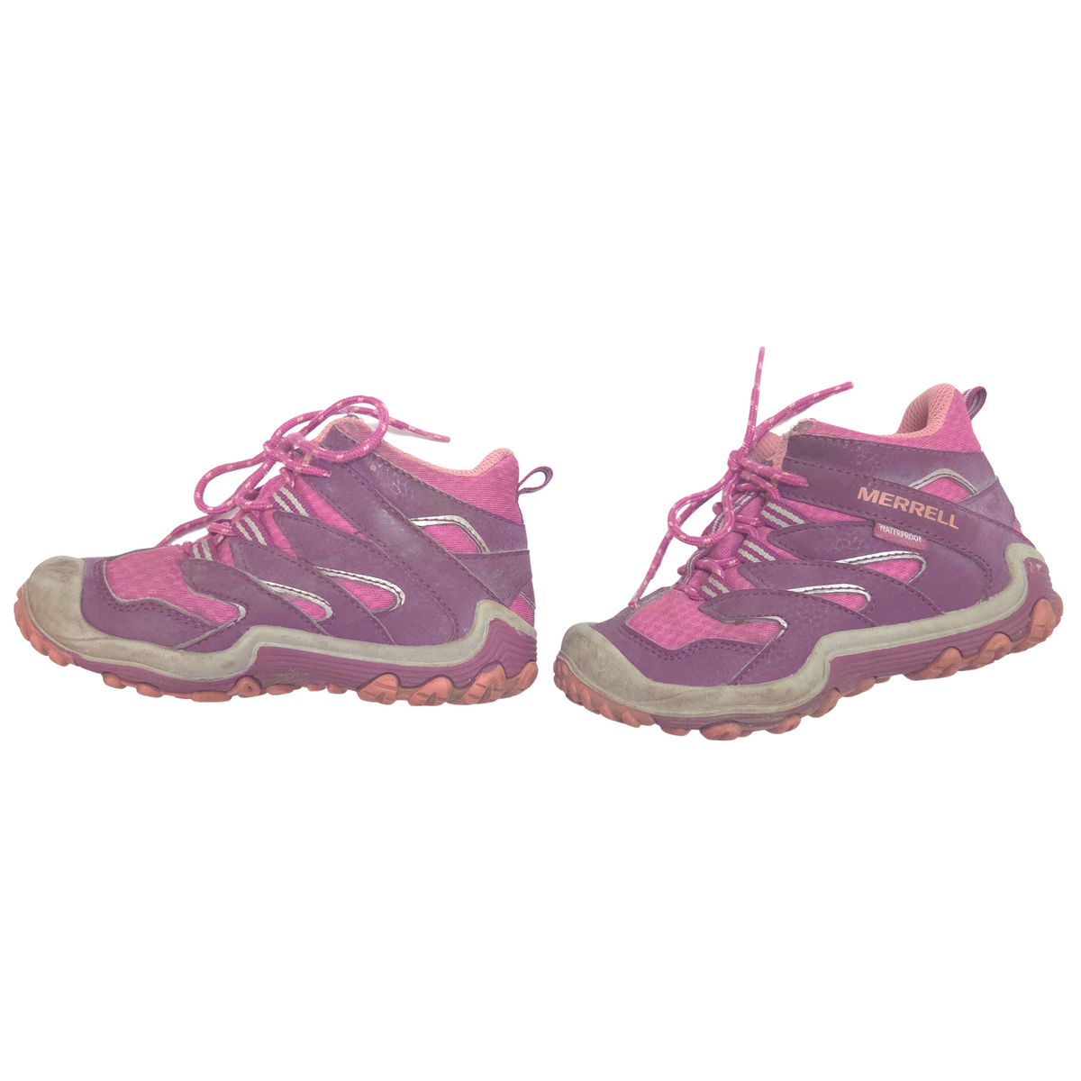 A pair of Merrell hiking shoes in purple and pink, shown from a side profile view against a plain white background.