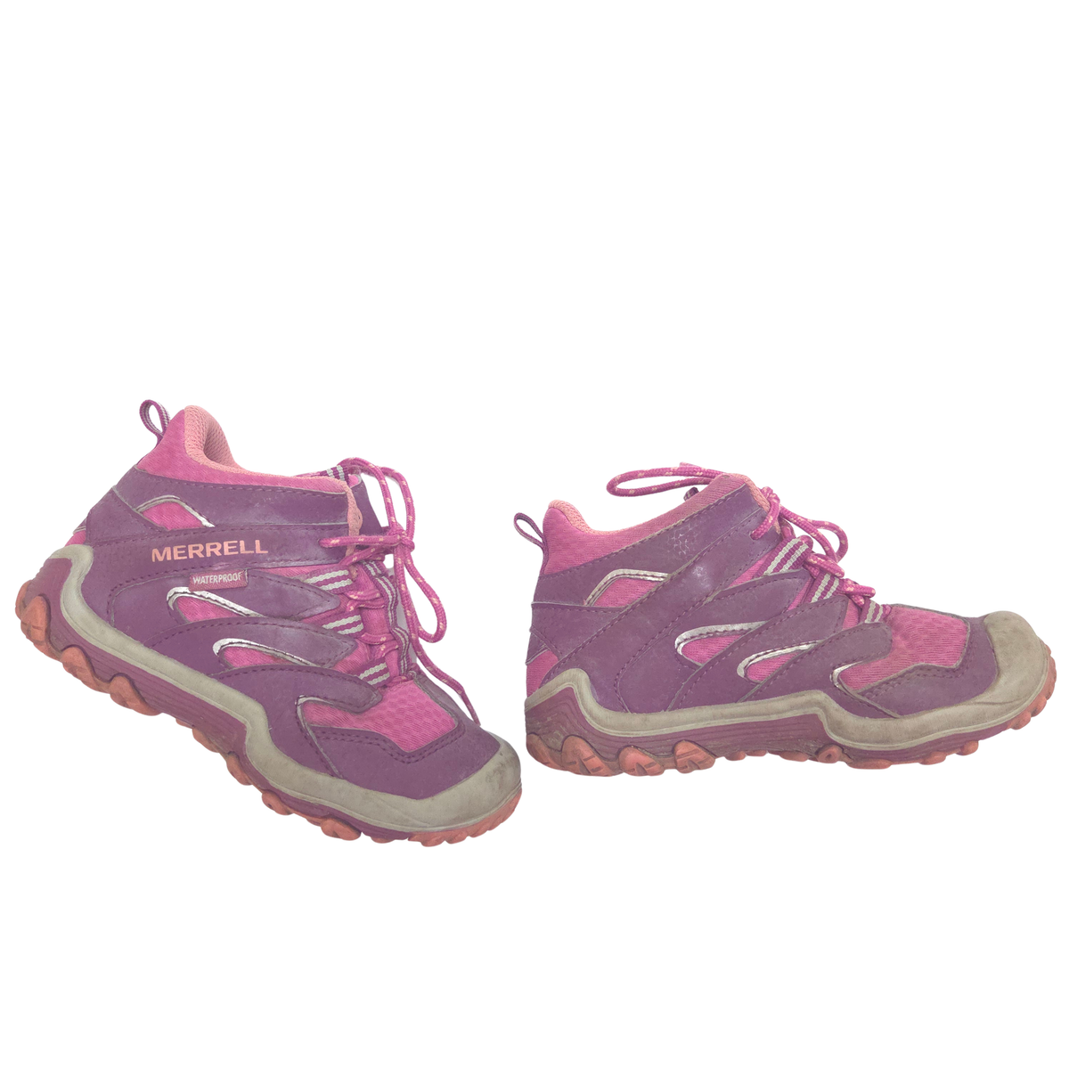 A pair of Merrell kids' hiking shoes in purple and pink, featuring gray midsoles and pink laces, shown against a plain white background.