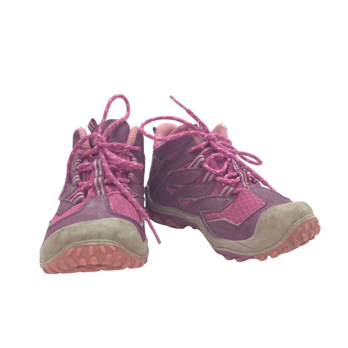 A pair of kids's mid-height hiking shoes in purple and pink, featuring pink laces, a textured purple upper, and a beige suede-like toe box and midsole.