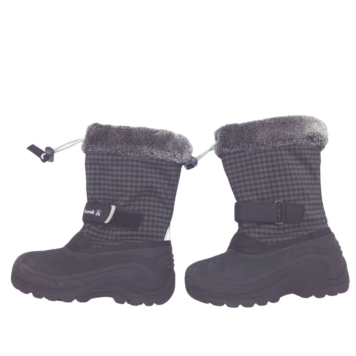 A pair of dark gray and black winter boots with a gingham patterned fabric upper, plush gray faux-fur trim at the collar, a black strap with a buckle on one boot, and thick black soles, shown against a plain white background.