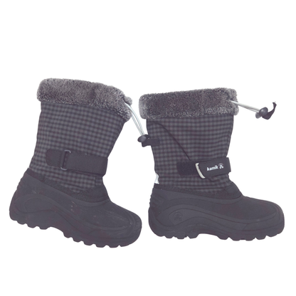 A pair of children's winter boots in dark gray and black with a gingham pattern, featuring gray faux-fur trim, a hook-and-loop strap, and a black sole, shown against a plain white background.