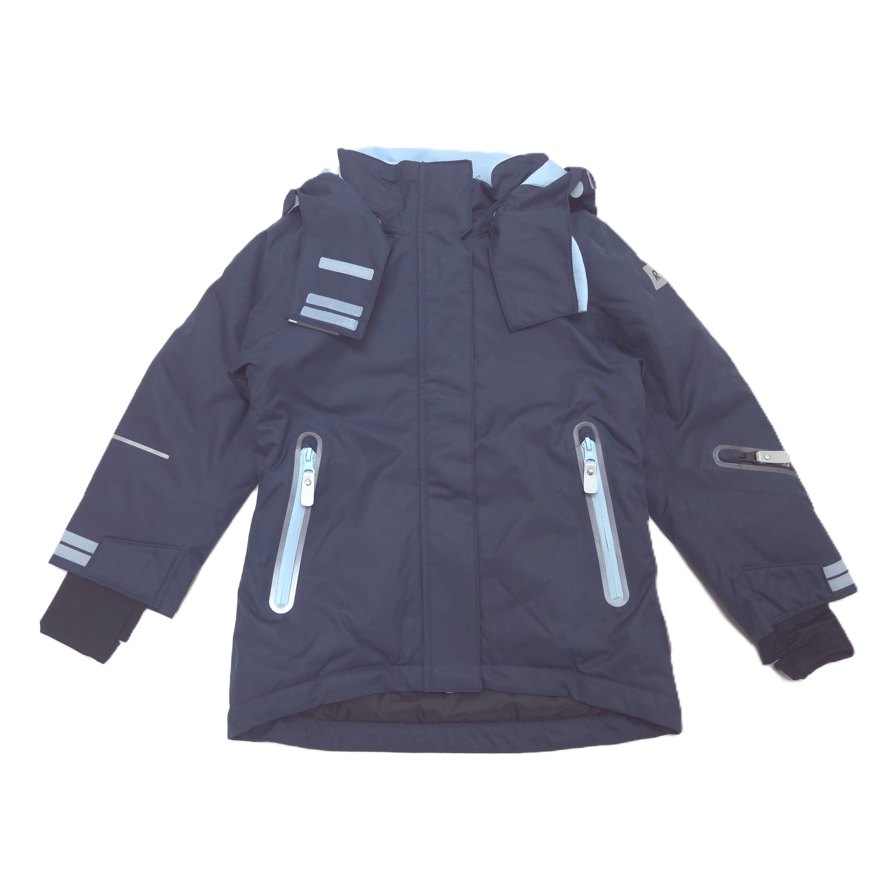 A dark navy blue hooded winter jacket with reflective light gray stripes on the sleeves, chest, and zipper pulls, shown flat against a white background.