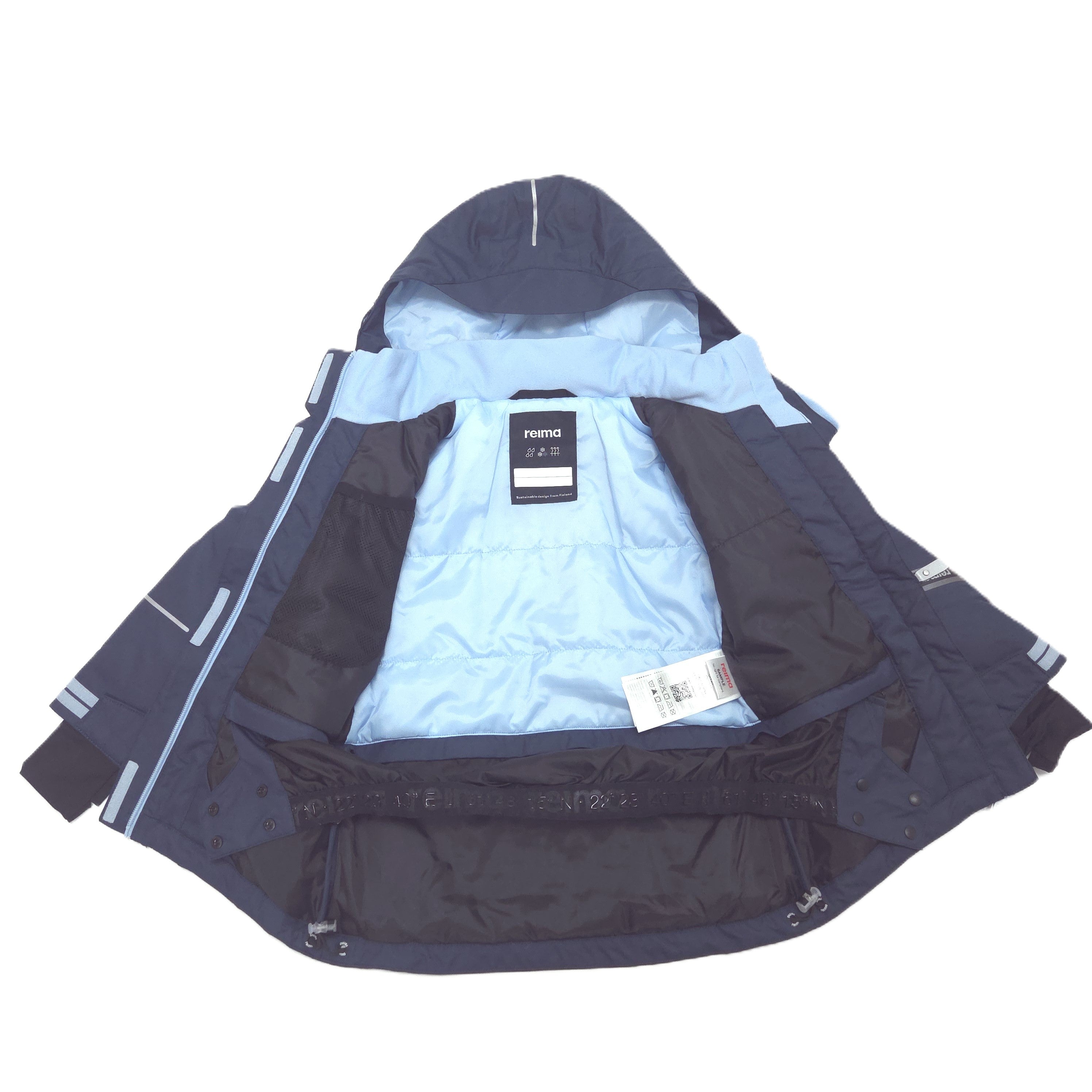 A navy blue hooded winter jacket shown open, revealing a light blue interior lining. The jacket has reflective light blue stripes on the sleeves and a black brand label on the inner collar that reads 'novo'.