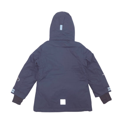 A dark navy blue hooded jacket shown from the back, featuring light blue reflective striping on the hood, cuffs, and back, and a small white square patch near the bottom hem.