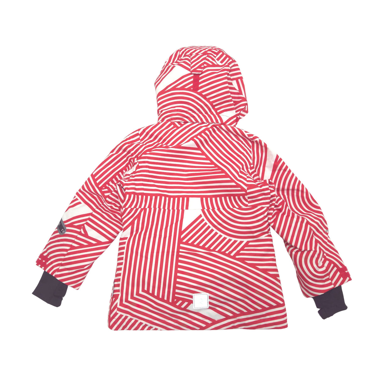 A children's hooded ski jacket featuring a bold red and white wavy stripe pattern back image