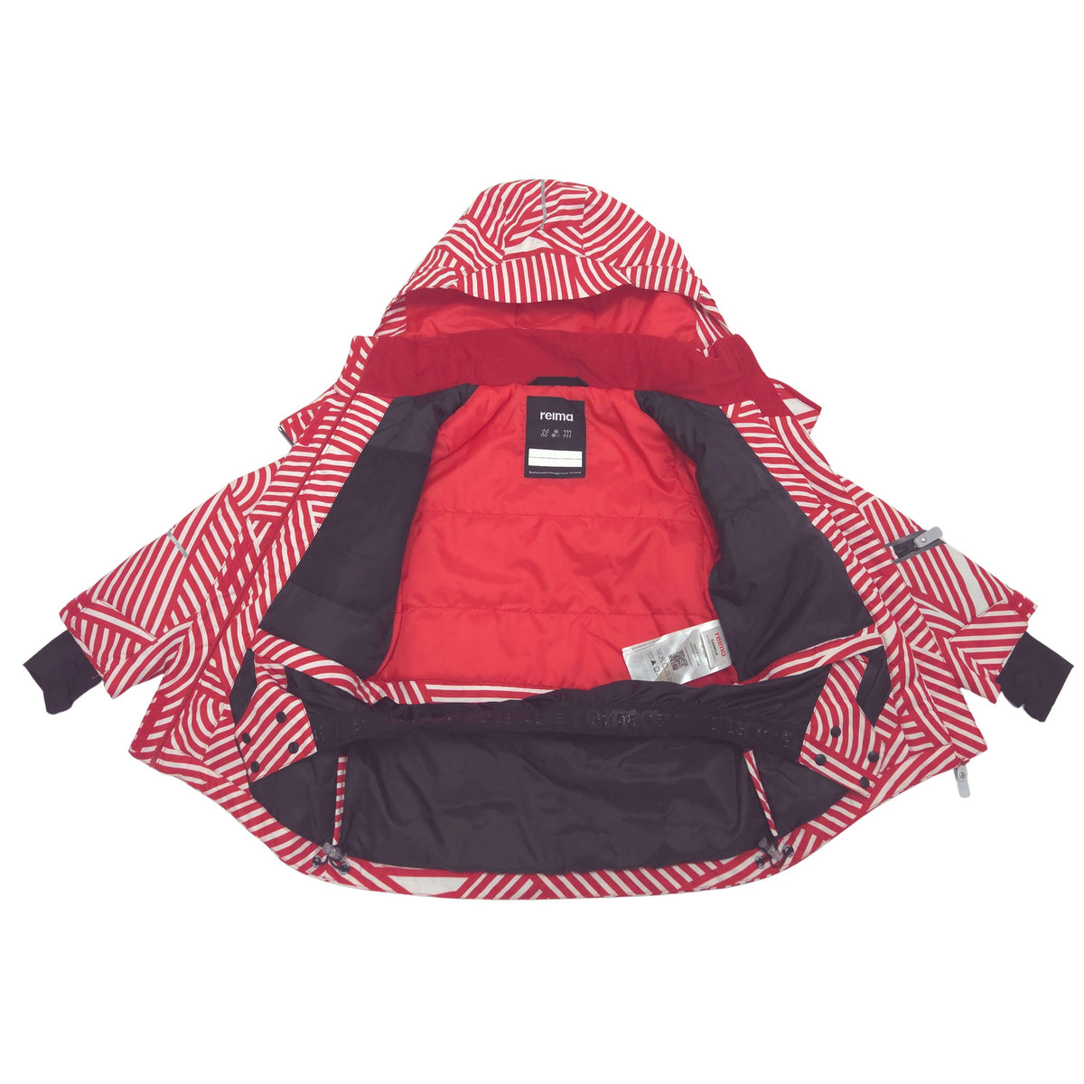 A children's hooded ski jacket featuring a bold red and white wavy stripe pattern open