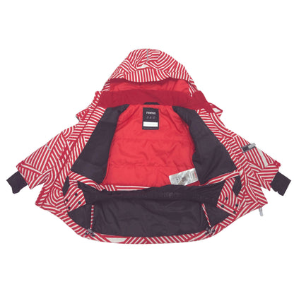 A children's hooded ski jacket featuring a bold red and white wavy stripe pattern open