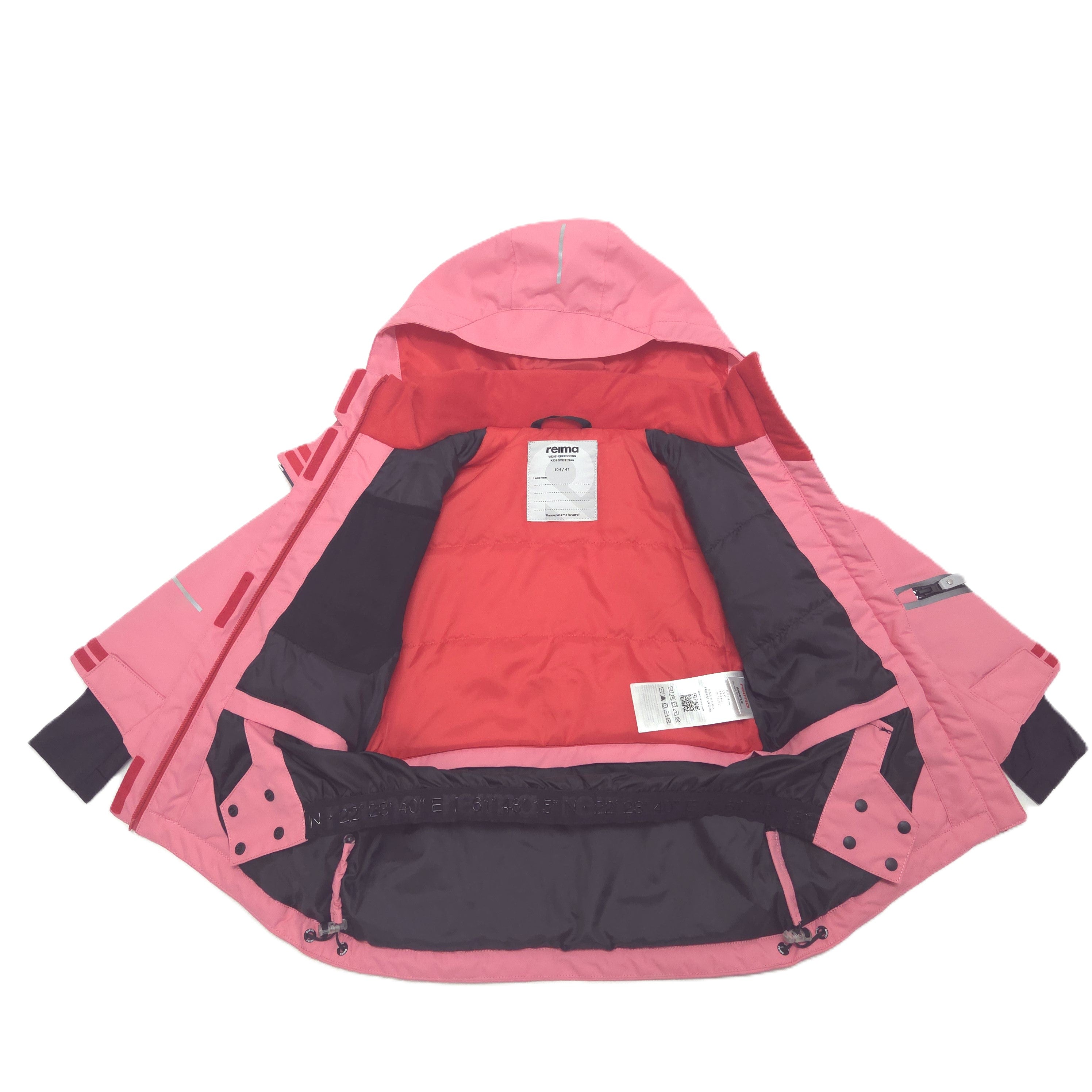 A pink and red ski jacket shown open against a white background, displaying its interior lining and adjustable cuffs.