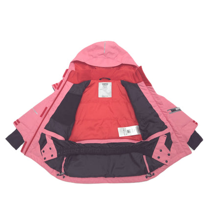 A pink and red ski jacket shown open against a white background, displaying its interior lining and adjustable cuffs.