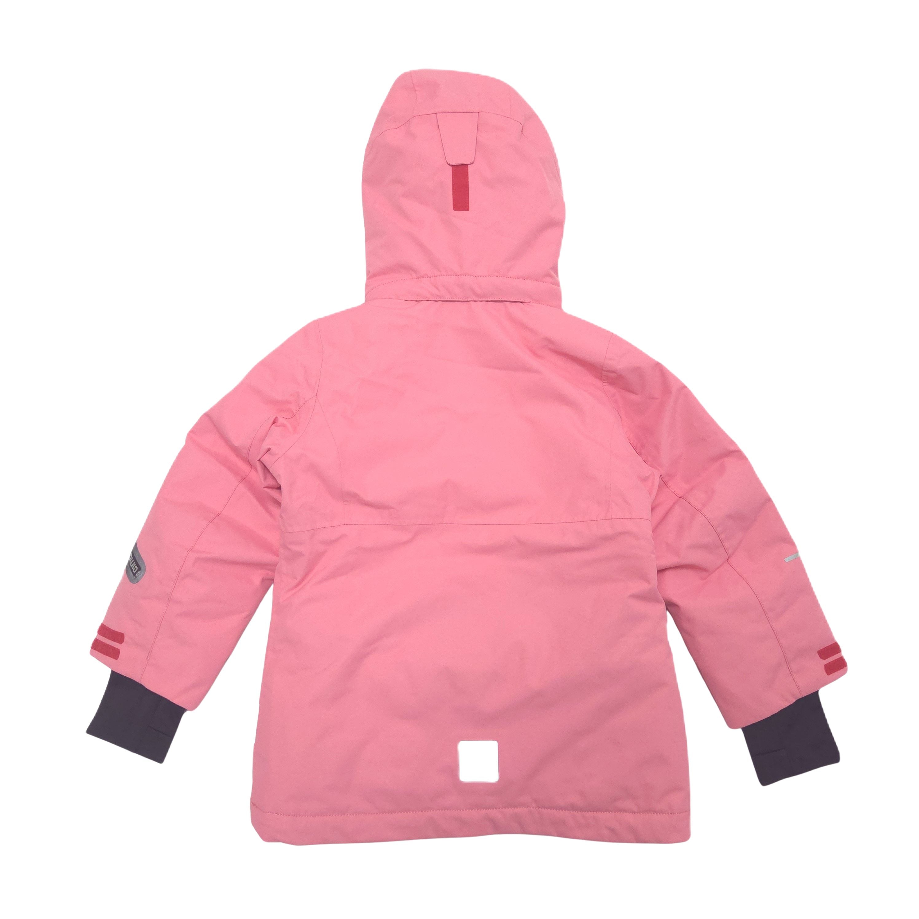 A pink hooded winter jacket shown from the back, photographed against a plain white background.