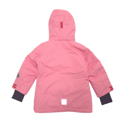 A pink hooded winter jacket shown from the back, photographed against a plain white background.