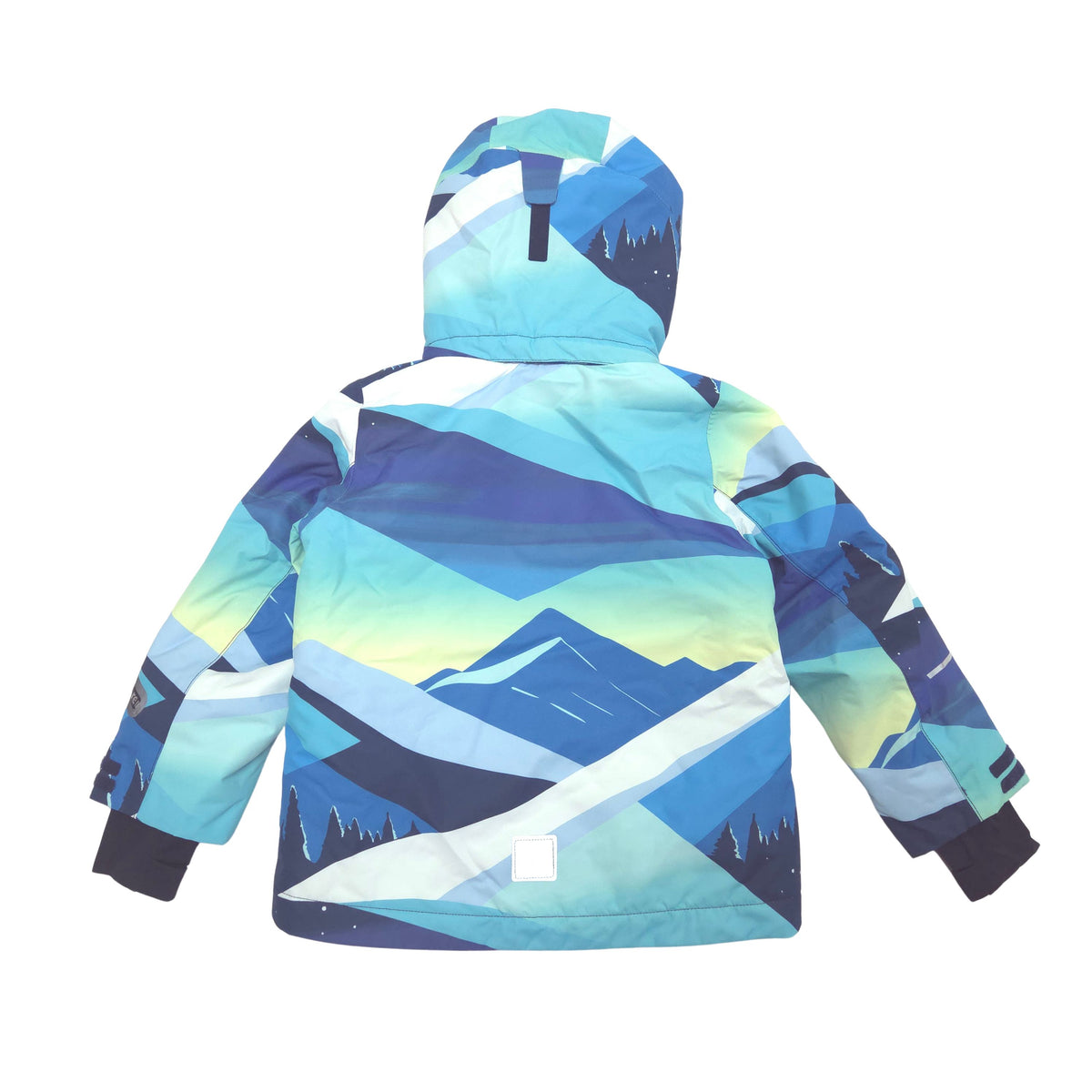 A children's hooded ski jacket shown from the back, featuring a colorful geometric mountain pattern in shades of blue, teal, yellow, and white, with dark navy cuffs.