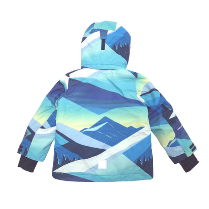 A children's hooded ski jacket shown from the back, featuring a colorful geometric mountain pattern in shades of blue, teal, yellow, and white, with dark navy cuffs.