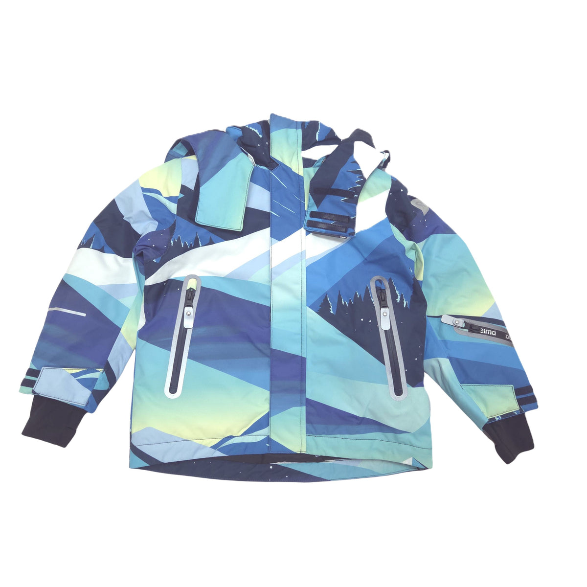 A hooded ski jacket with a colorful geometric mountain pattern in shades of blue, teal, green, and white, featuring two vertical zippered pockets and elastic cuffs with thumbholes