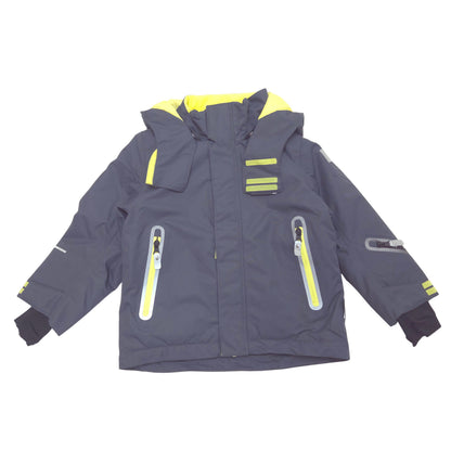 A dark gray hooded winter jacket with bright yellow accents on the hood lining, zippers, displayed flat against a white background.