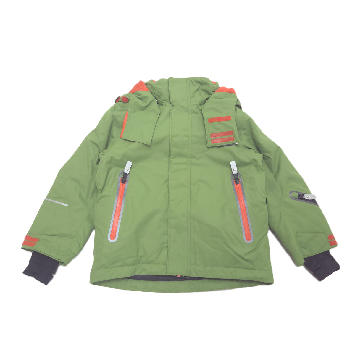 An olive green hooded winter jacket with orange reflective accents and Inside elastic cuffs with thumbholes, laid flat against a white background.