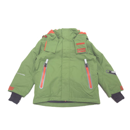 An olive green hooded winter jacket with orange reflective accents and Inside elastic cuffs with thumbholes, laid flat against a white background.